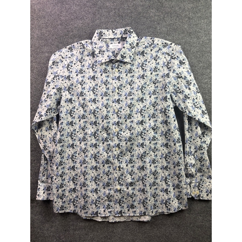 Eton Button Down Shirt Mens 18 46 Blue White Floral Contemporary Fit Long Sleeve